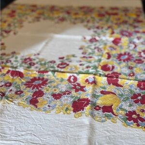 Vintage Floral Tablecloth with Red and Yellow Accents